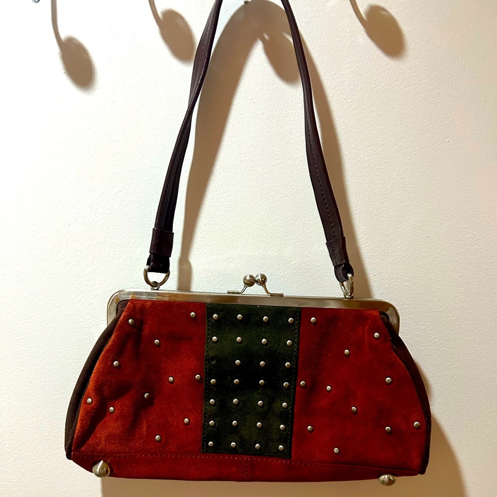 Maxximum Burgundy & Green Suede Leather Clutch/ Shoulder Bag